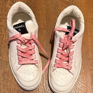 CHANEL White and Pink Sneakers